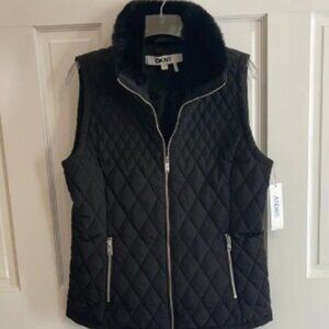 DKNY Womens Black Quilted Vest Faux Fur Collar Zipper Closure Size Small